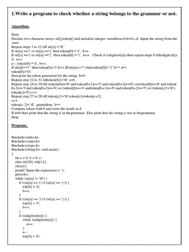 1.write A Program To Check Whether A String Belongs To The Grammar or ...