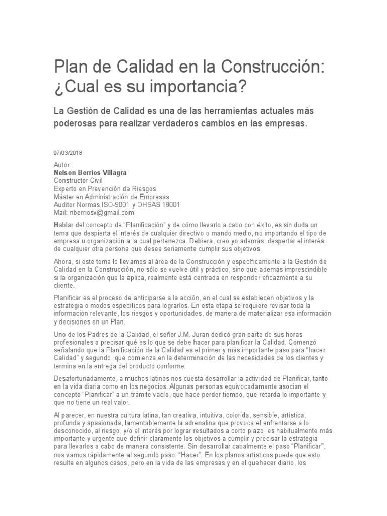 Plan de Calidad en Construcción | PDF | Calidad (comercial) | Planificación