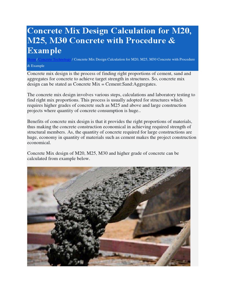 Concrete Mix Design Calculation For M20, M25, M30 Concrete With