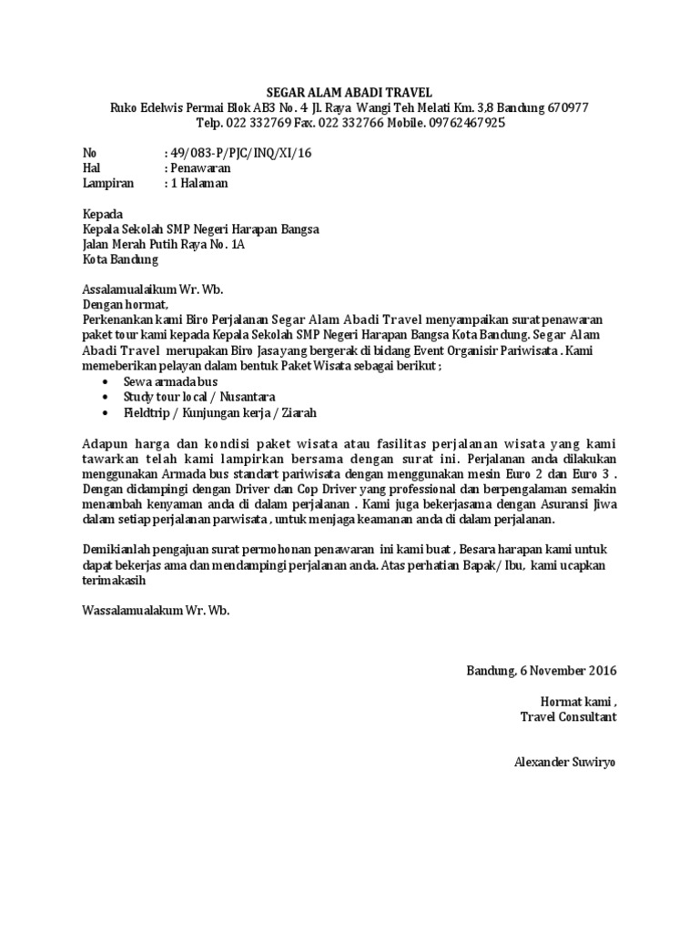 Contoh Surat Penawaran Paket Tour Untuk Anak Sekolah Docx