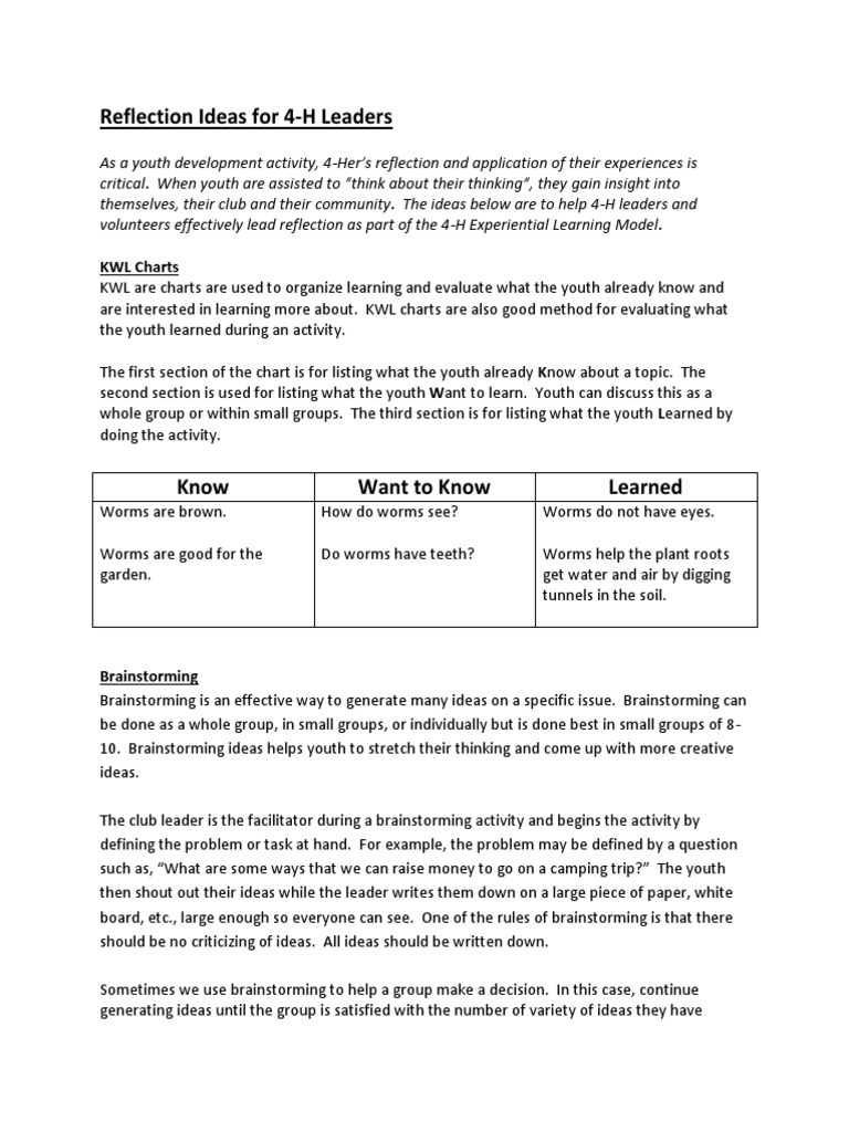 Reflection Strategies for 4-H Leaders | PDF | Brainstorming | Learning