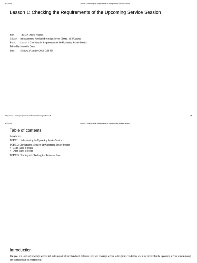 Lesson 1 Checking The Requirements Of The Upcoming Service Session Pdf Menu Restaurants