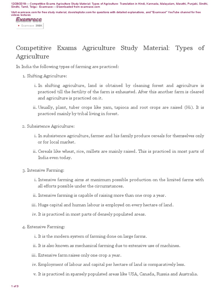 Types of Agriculture | PDF | Intensive Farming | Farms