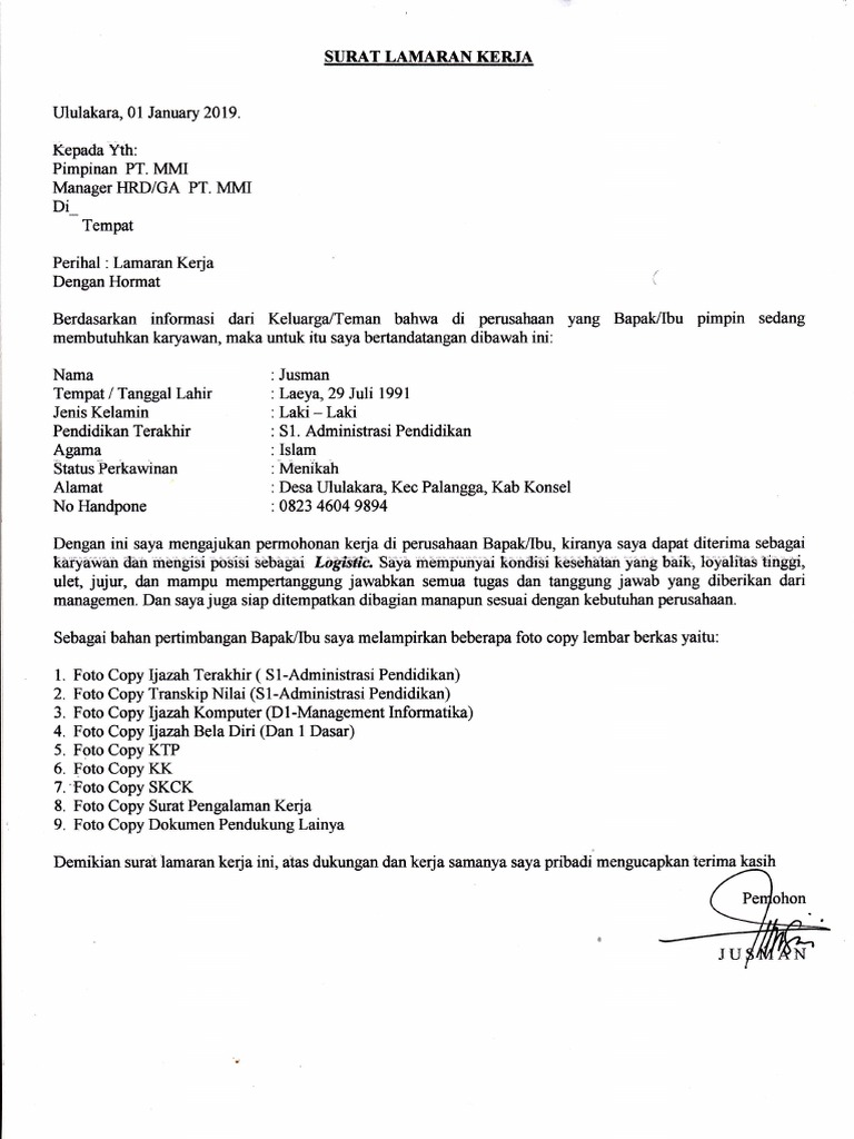 Contoh Surat Lamaran Kerja