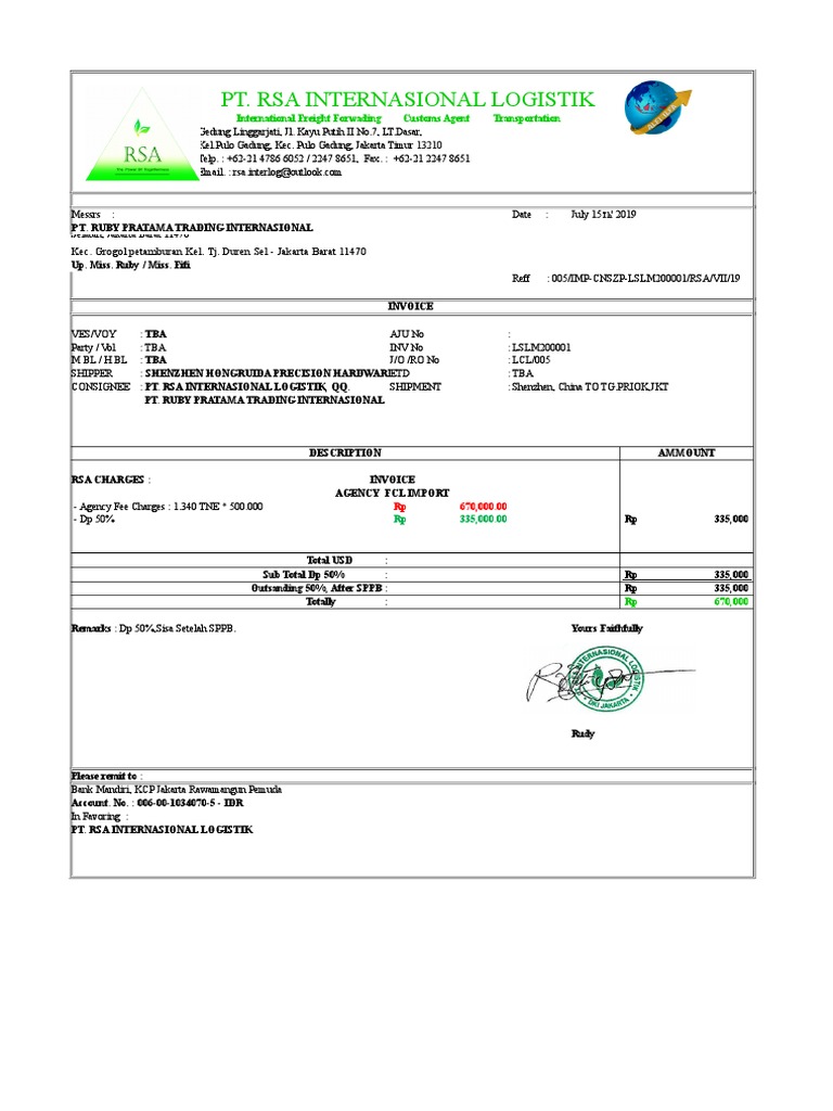 Invoice DP 50%, Undername QQ - RUBY TRADING | PDF | Supply Chain Management