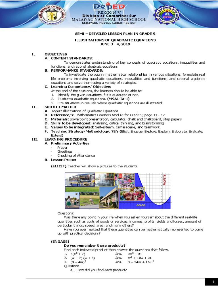 Grade 9 Quadratic Equations Lesson Plan | PDF | Equations | Lesson Plan
