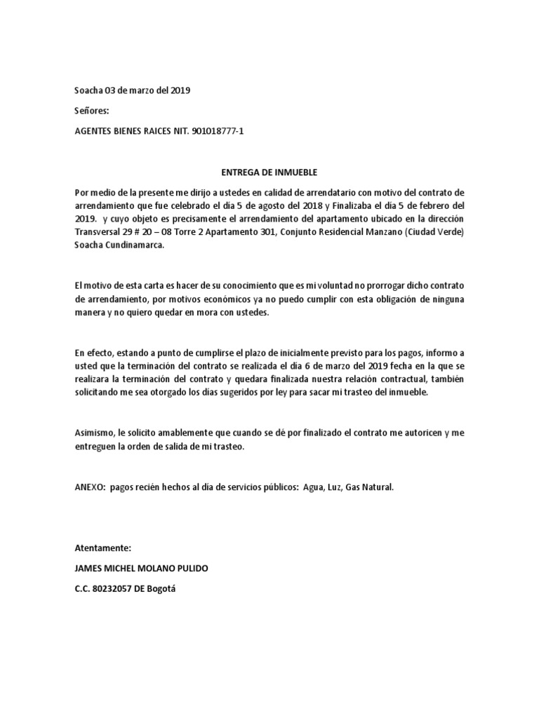 Carta De Entrega De Inmueble Pdf