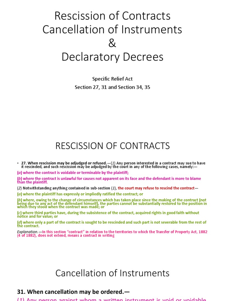 Rescission, Cancellation and Declaratory Decree PDF Declaratory