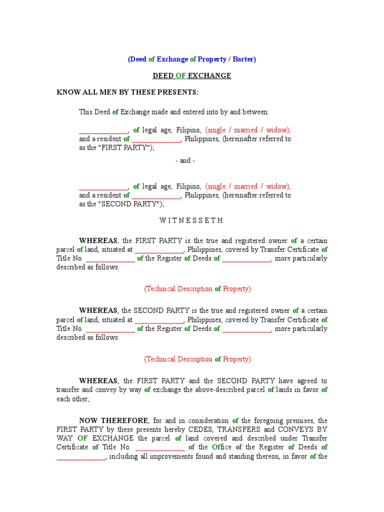 Deed of Exchange of Property, Barter PDF Private Law Civil Law