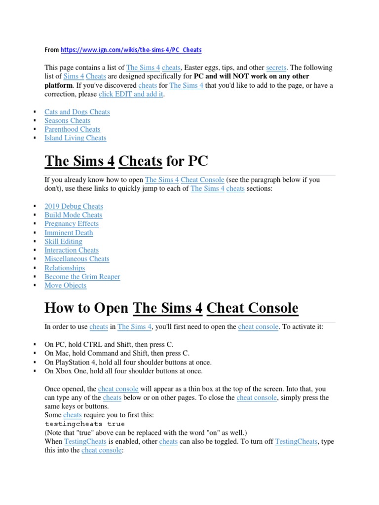 Sims 4 cheats pc 