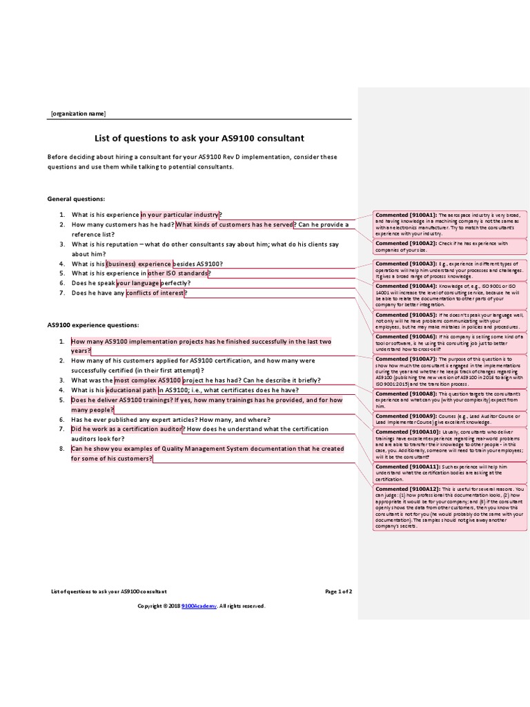 List of Questions To Ask Your AS9100 Consultant EN | PDF | Consultant ...