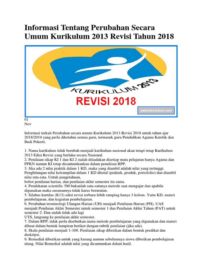 Informasi Tentang Perubahan Secara Umum Kurikulum 2013 Revisi Tahun 2018