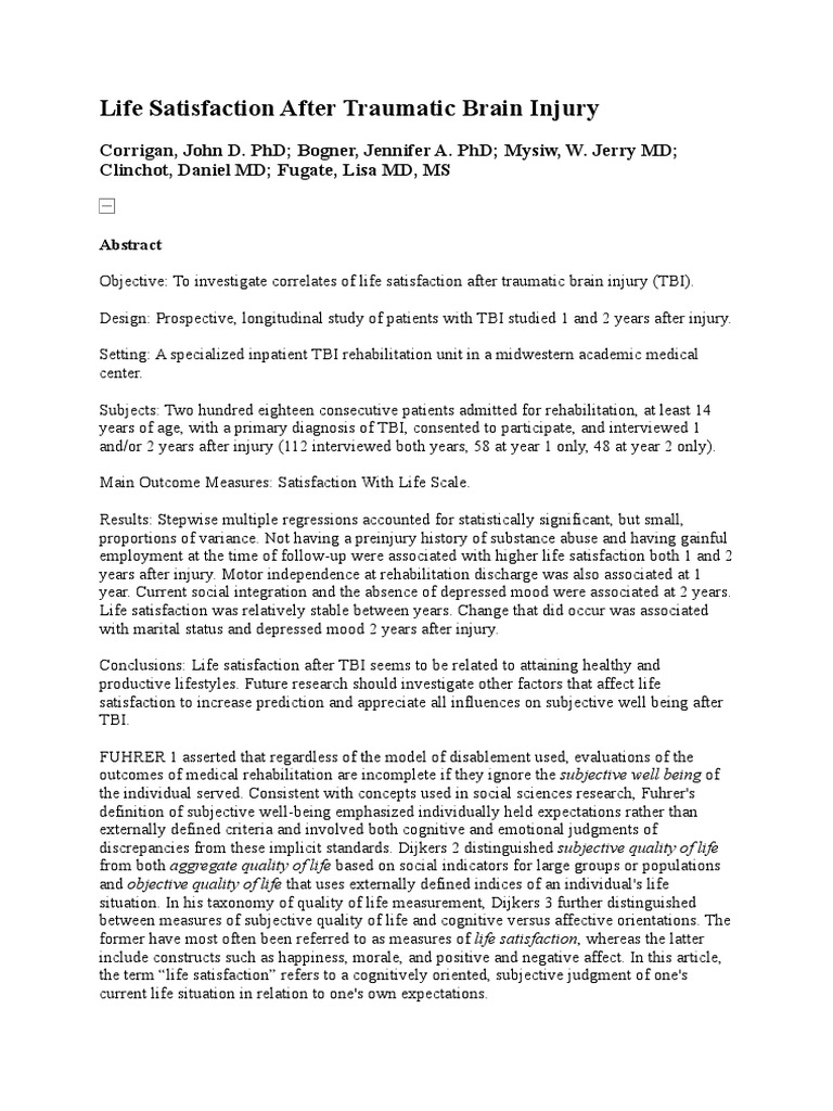 Life Satisfaction After TBI | PDF | Traumatic Brain Injury | Disability