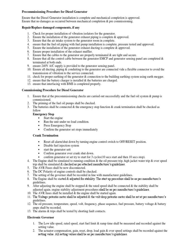 Procedure For Diesel Generator PDF Diesel Engine