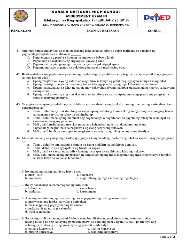Esp 7 4th Assessment | PDF