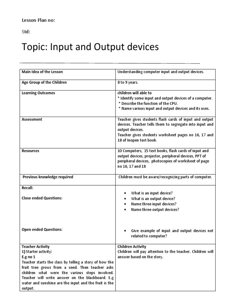 Lesson Plan Inopen STD 3chpt No 2 | PDF | Input/Output | Lesson Plan