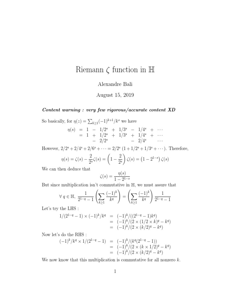 Riemann Z Function In ℍ Exponential Function Number Theory