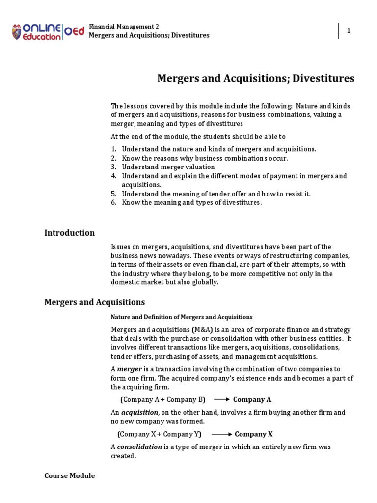 Lesson 10 Mergers and Acquisitions | PDF | Mergers And Acquisitions ...