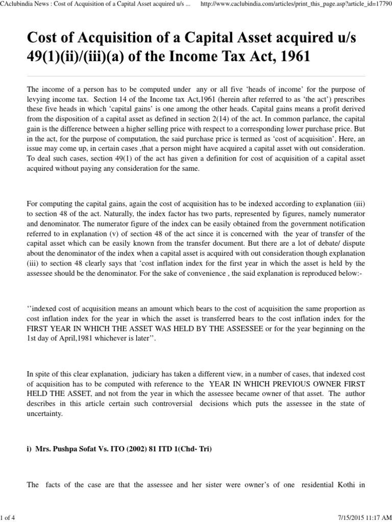 Cost of Acquisition of A Capital Asset PDF Plain Meaning Rule
