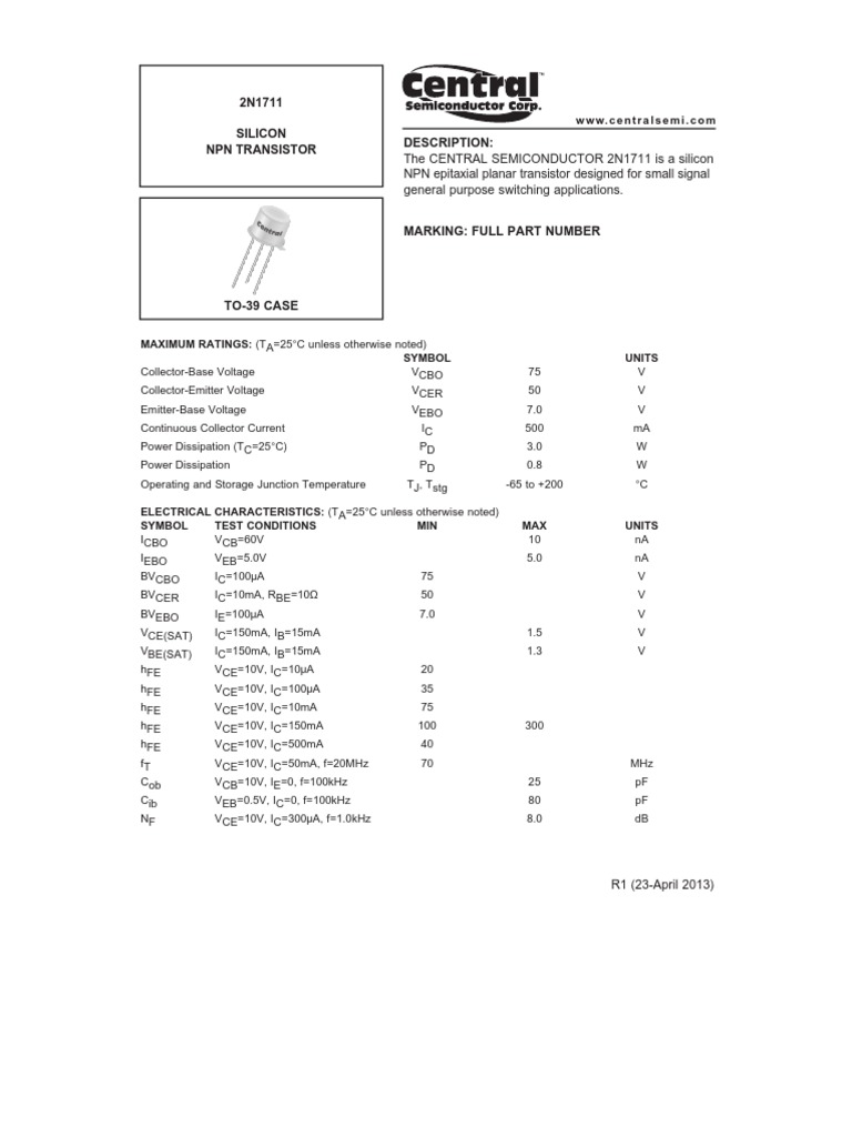 2N1711 Silicon NPN Transistor Description PDF Bipolar Junction