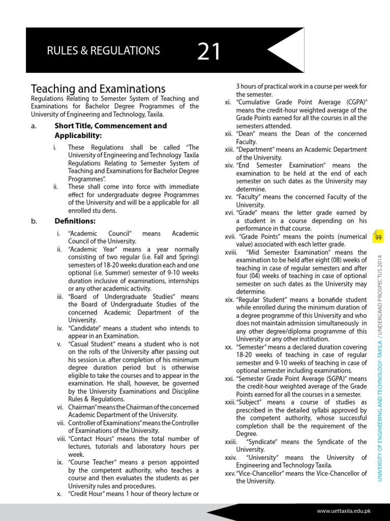 UET Taxila Undergraduate Regulations | PDF | Course Credit | Academic Term