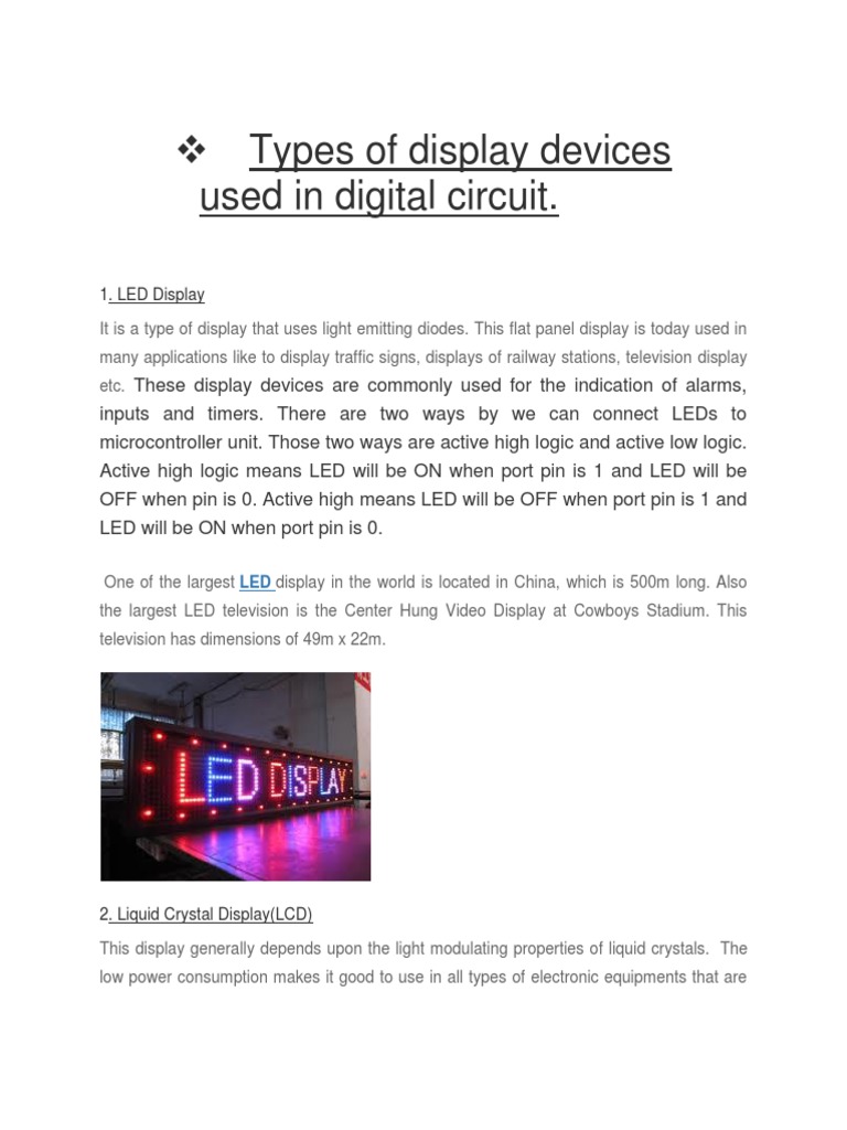 Types of Display Devices Used in Digital Circuit PDF Film And Video