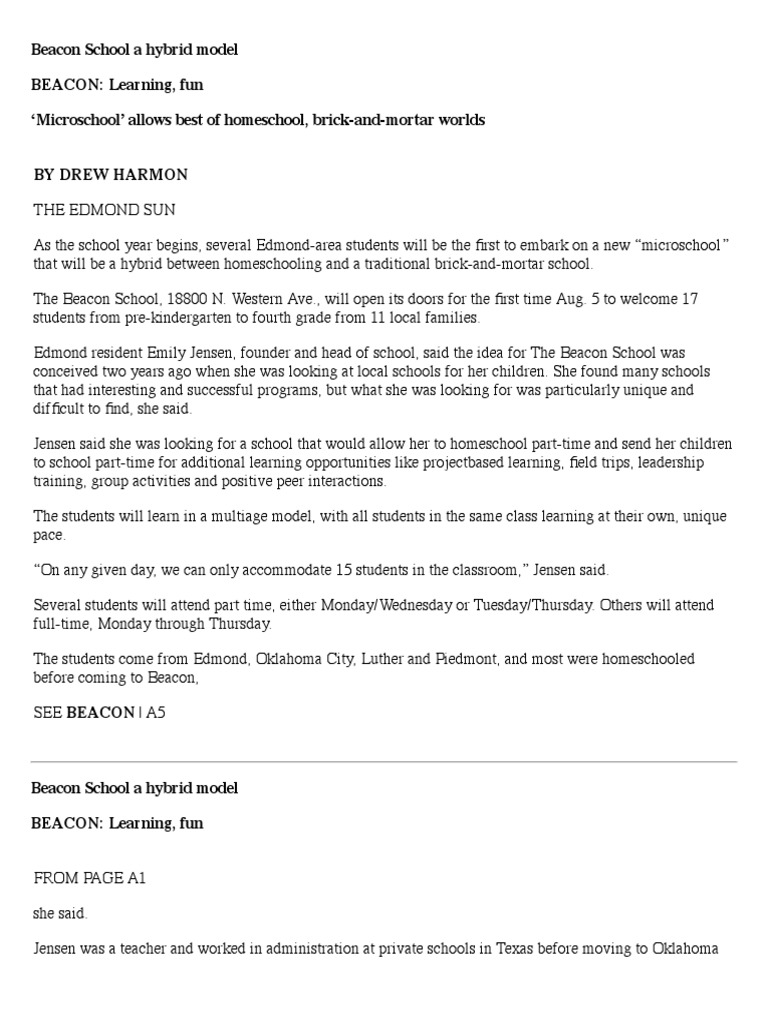 Beacon School A Hybrid Model BEACON Learning, Fun Microschool' Allows
