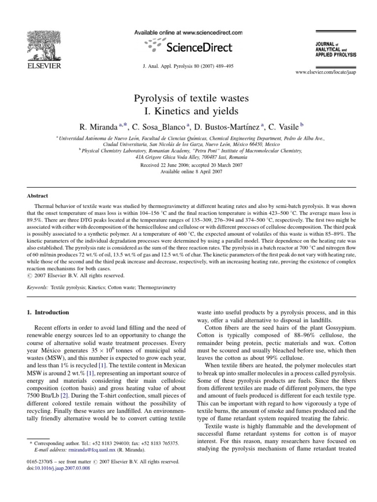 Pyrolysis of Textile Wastes | PDF | Thermogravimetric Analysis | Pyrolysis
