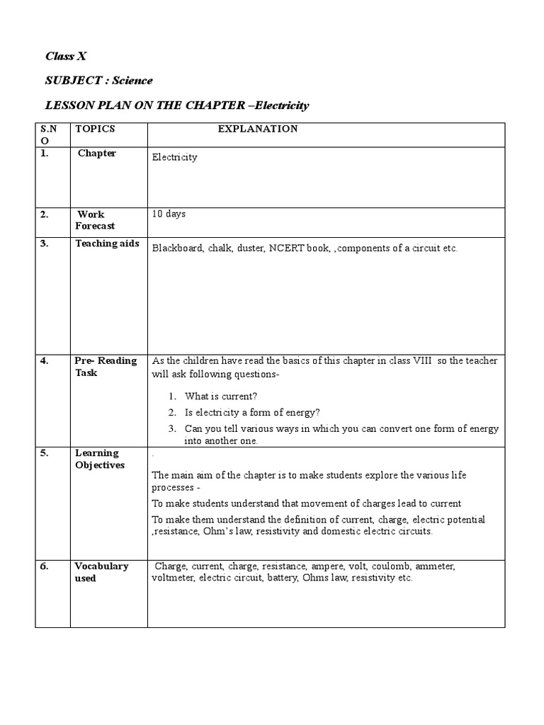 Class 10 Science Lesson Plan: Electricity | PDF | Series And Parallel ...