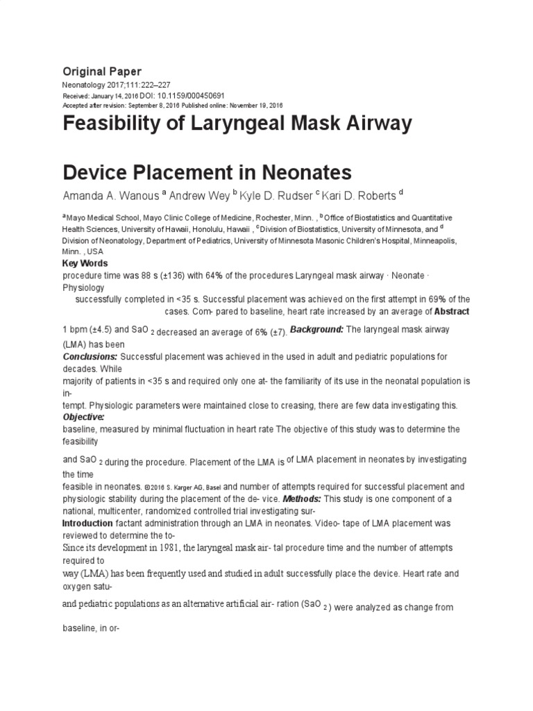 Feasibility of Laryngeal Mask Airway Device Placement in Neonates PDF