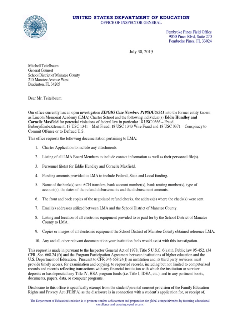 US Department of Education letter Discovery (Law) Government Of The