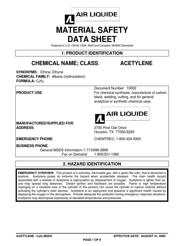 Acetylene MSDS: Safety & Hazards | PDF | Dangerous Goods | Fluorine