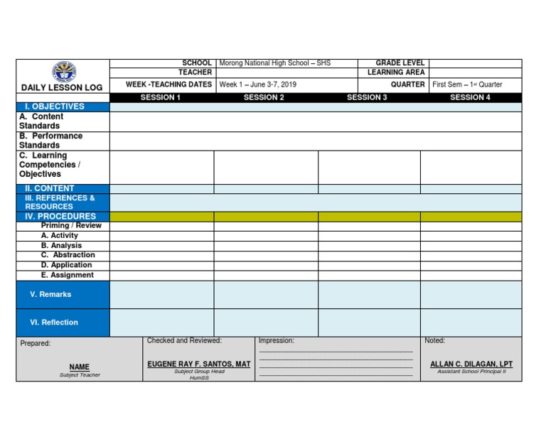 Daily Lesson Log Template Example | PDF