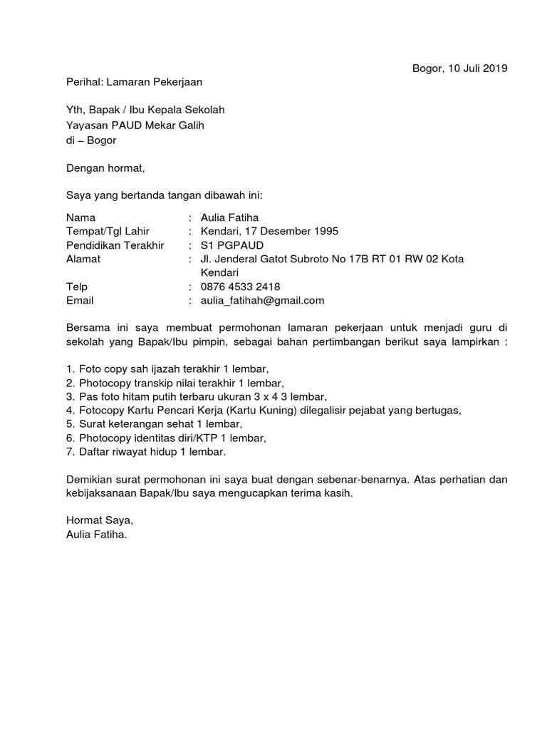 Contoh Surat Lamaran Kerja Guru Paud Umum