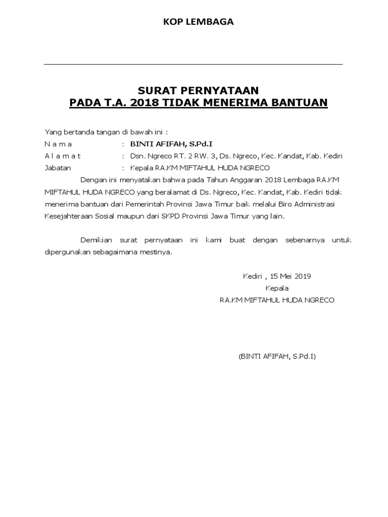 Contoh Surat Pernyataan Tdk Menerima Hibah
