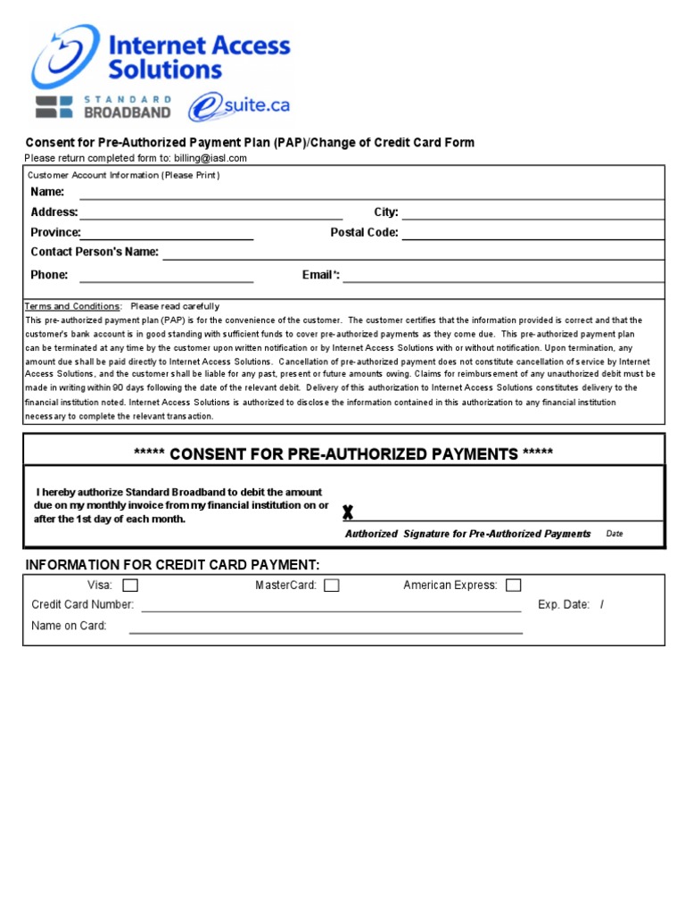 Consent For Pre-Authorized Payment Plan (PAP) /change of Credit Card ...