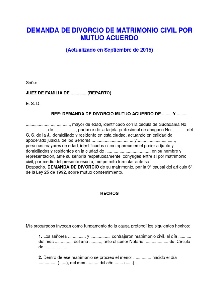 Modelo Demanda de Divorcio de Matrimonio Civil Por Mutuo Acuerdo | PDF
