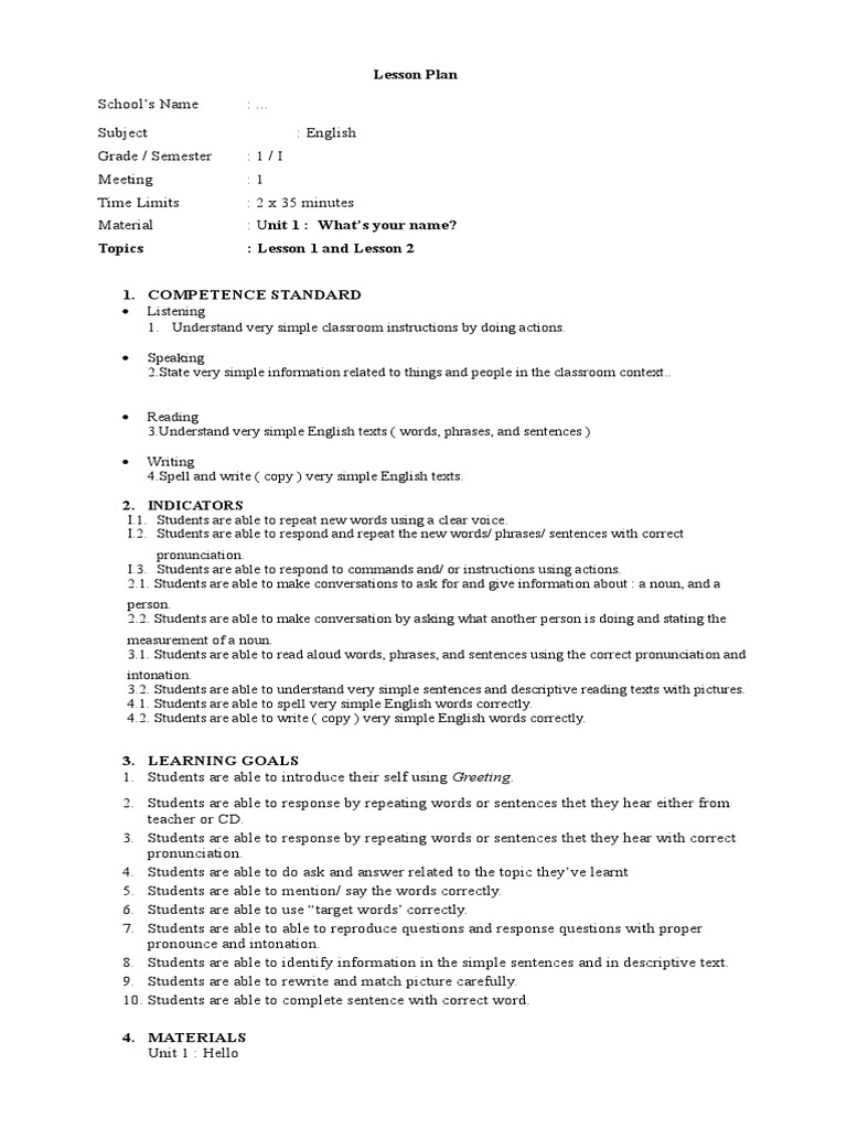 Grade 1 English Lesson Plan: Unit 1 | PDF | English Language | Lesson Plan