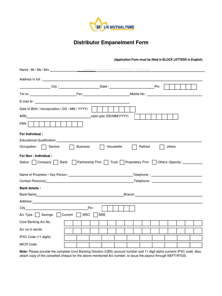 Distributor Empanelment Application Form | PDF | Mutual Funds | Cheque