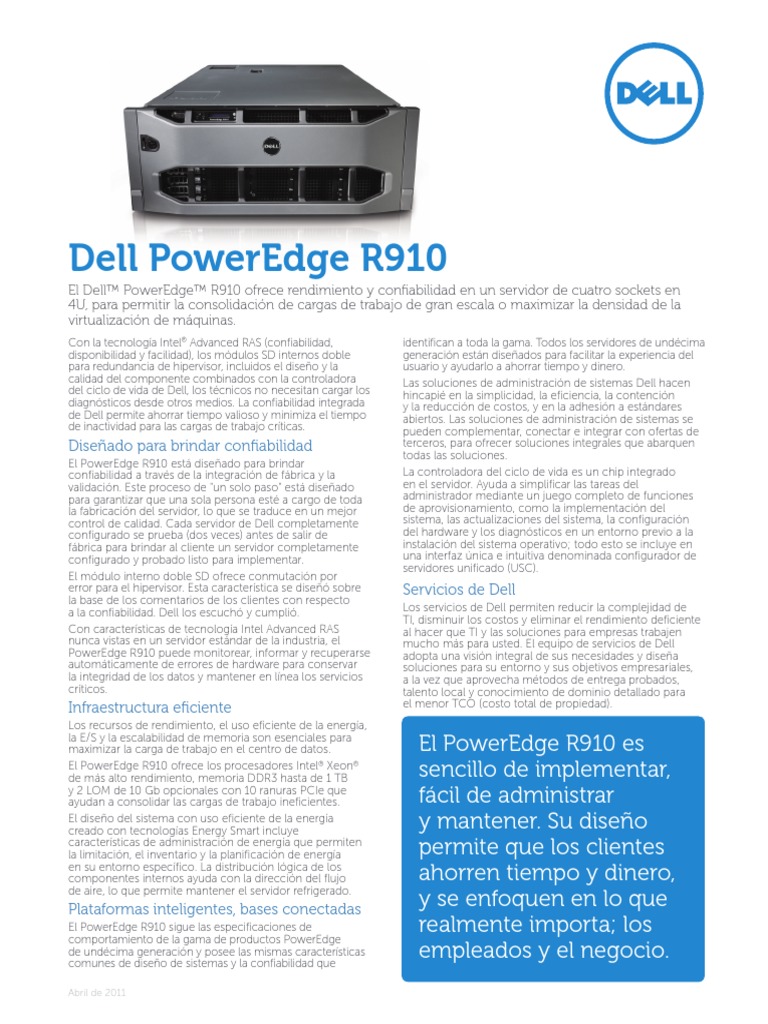 Especificaciones del Dell PowerEdge R910 | PDF | Dell | Microprocesador