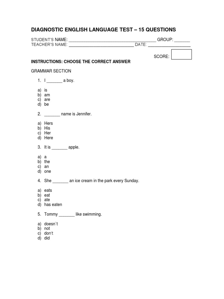 Diagnostic English Language Test 15 Questions Instructions Choose
