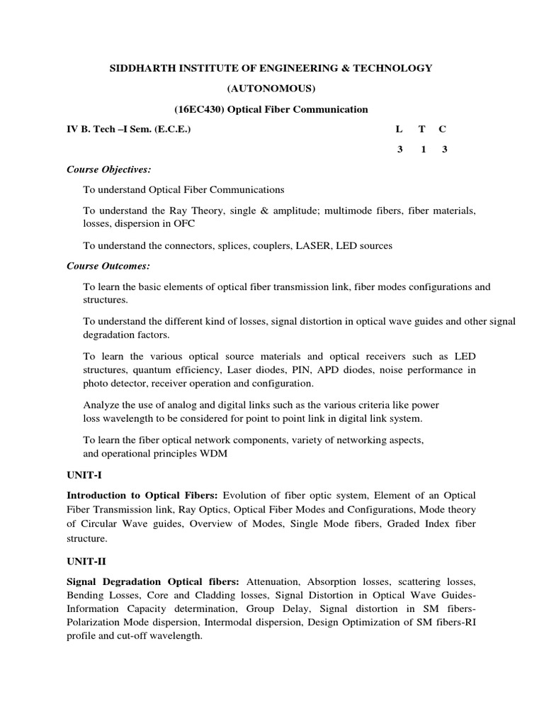 Ofc r16 Syllabus PDF Optical Fiber Fiber Optic Communication