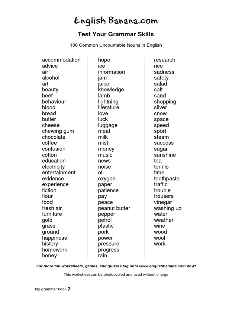 100 Common Uncountable Nouns List | PDF | Food And Drink | Cuisine