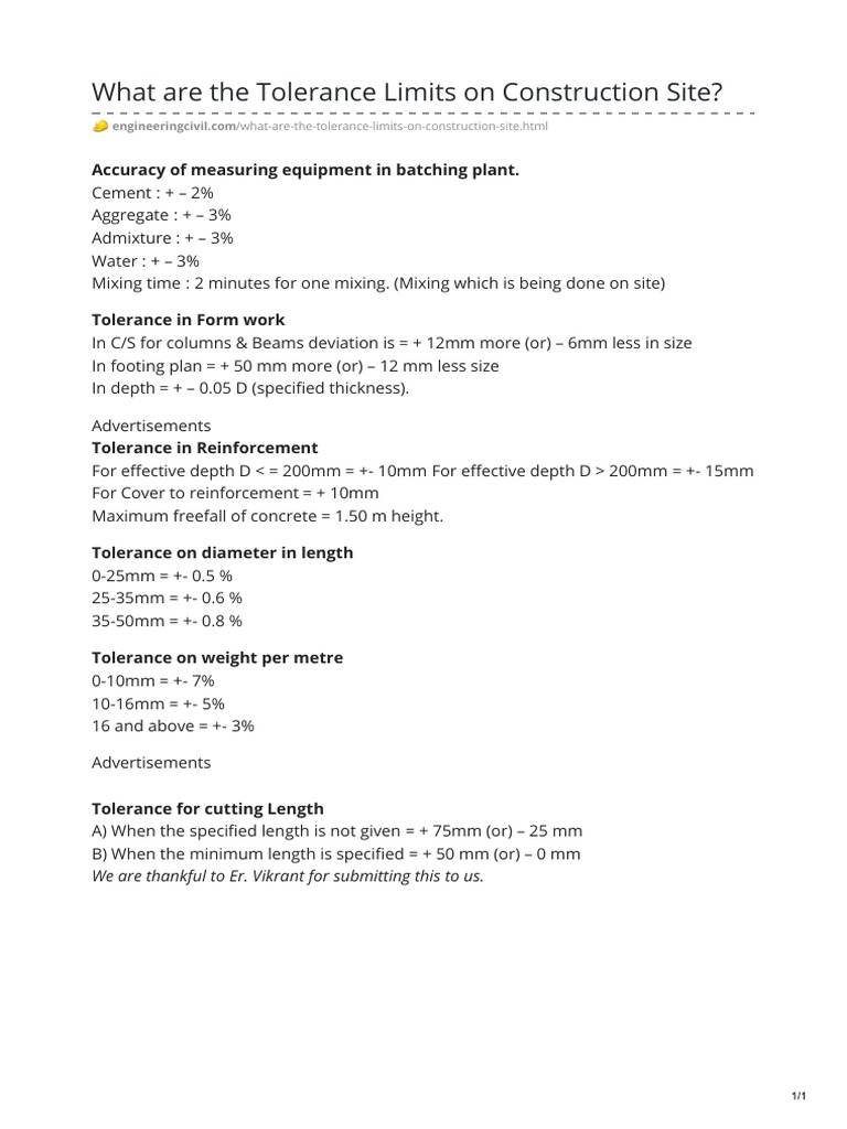 Construction Tolerance Limits Explained | PDF | Technology & Engineering