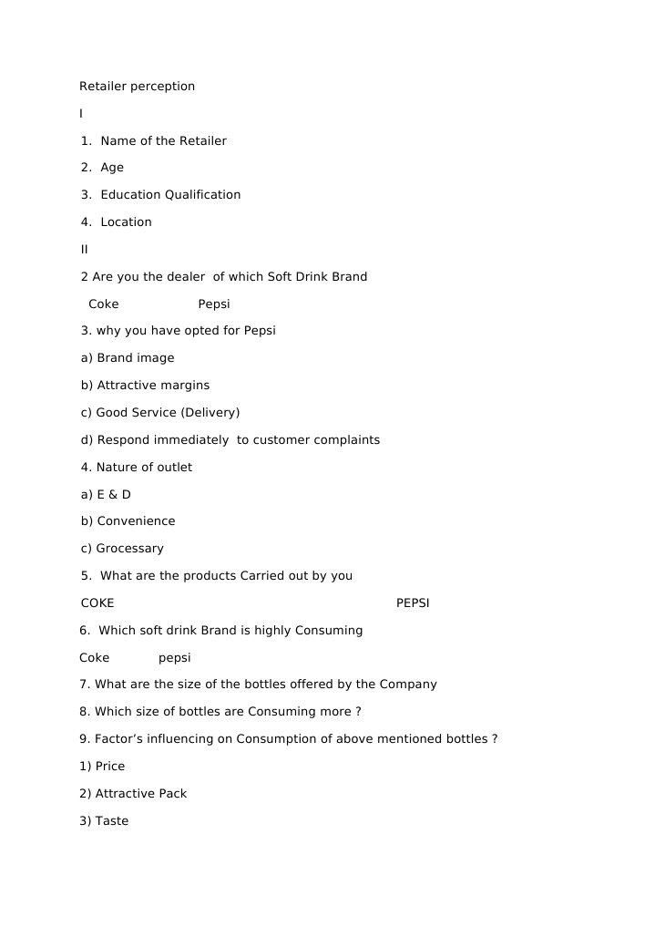 Questionnaire PDF The Coca Cola Company Coca Cola