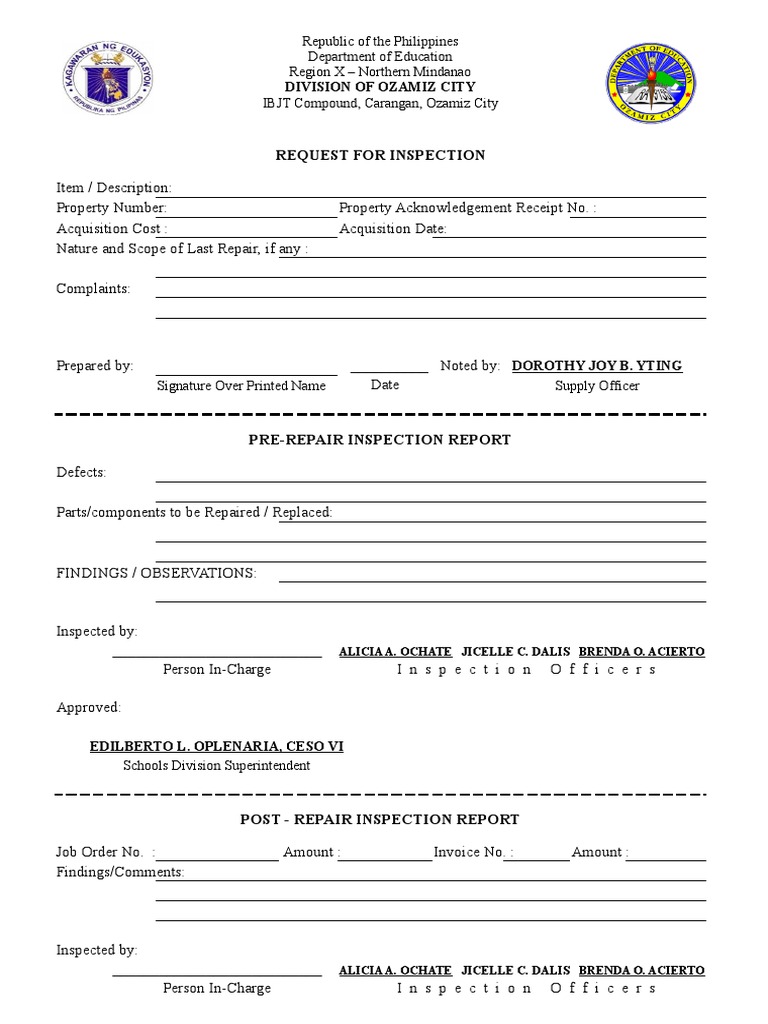 Pre-Repair and Post-Repair Inspection Report | PDF | Business Documents ...
