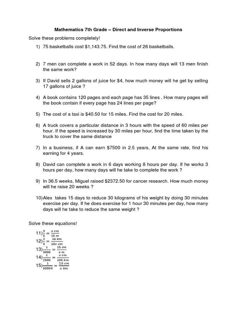7th Grade Math: Proportions Problems | PDF