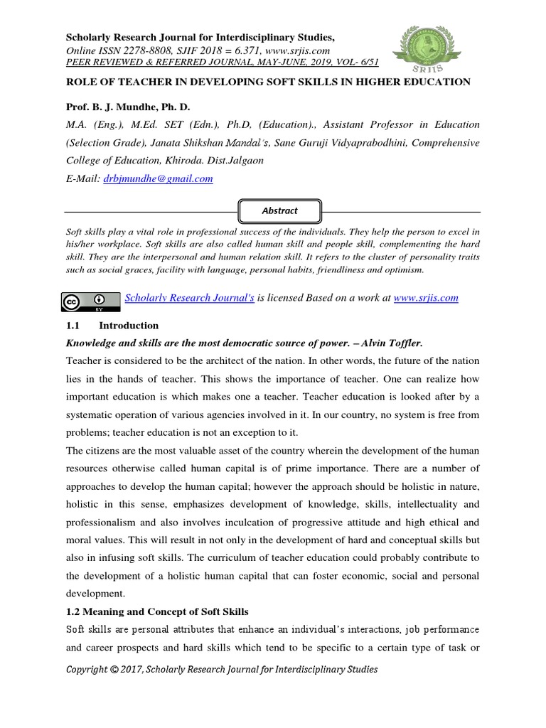 Role of Teacher in Developing Soft Skills in Higher Education | PDF ...