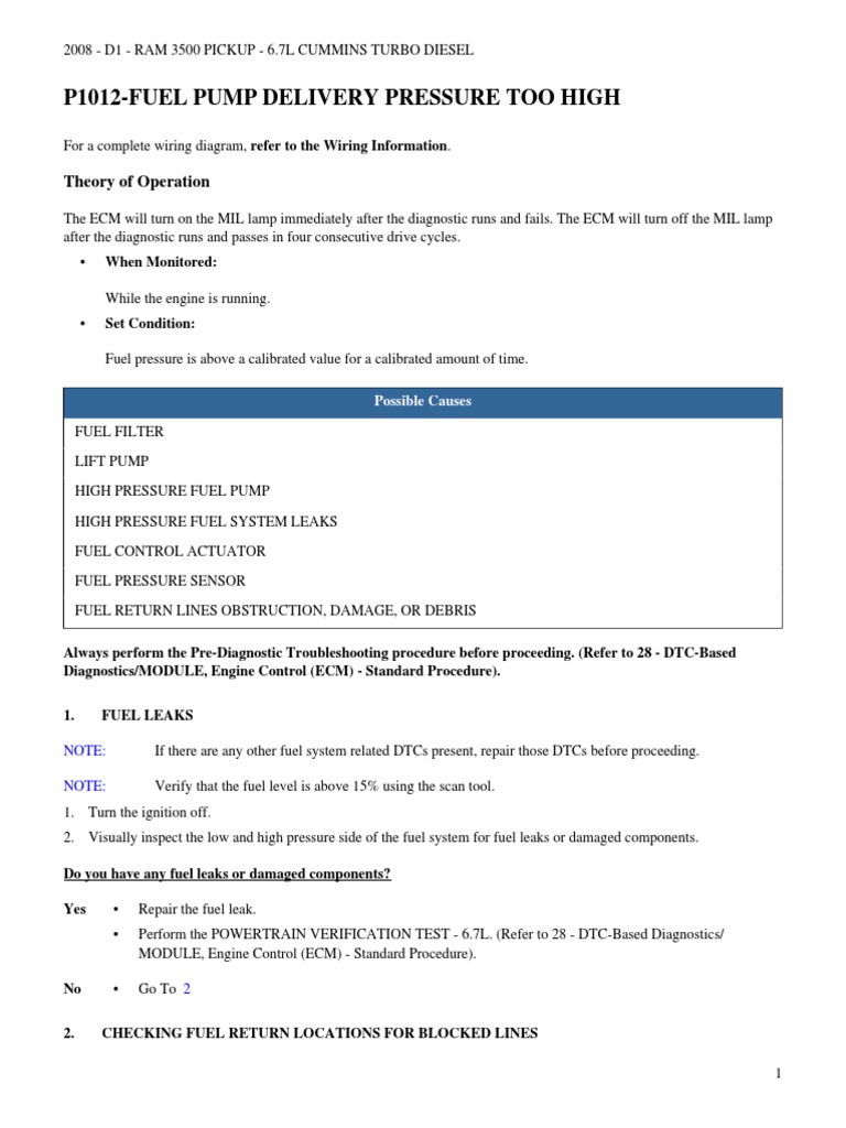 P1012-Fuel Pump Delivery Pressure Too High: Theory of Operation | PDF ...