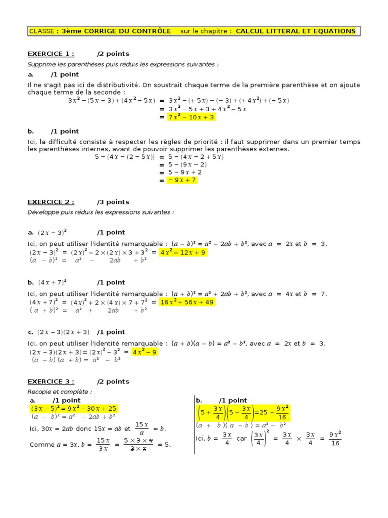 Exercice Calcul Littéral 3ème Brevet Pdf Kidimath Ds 3 Calcul Litteral Equations COR | PDF | Algèbre générale |  Algèbre